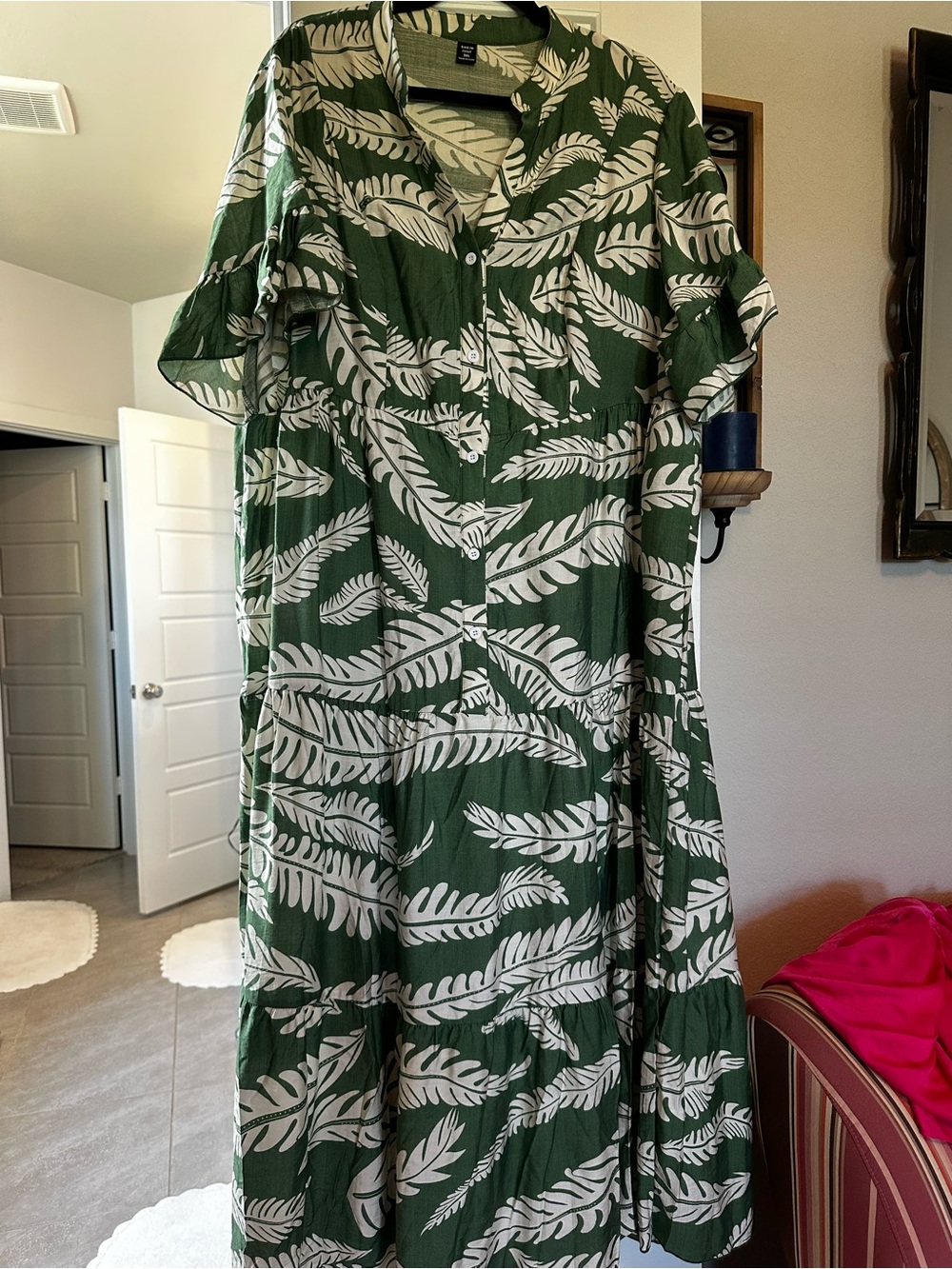 Green Leaf-Print Button-Front Maxi Dress
